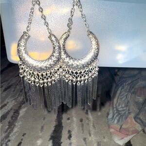 Chico's Silver Tone Crescent Dangle Earrings - Boho Chic Fringe